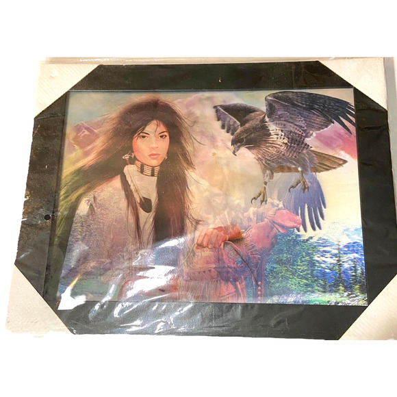 native Indian print holographic 3d effect warrior chief maiden eagle framed
